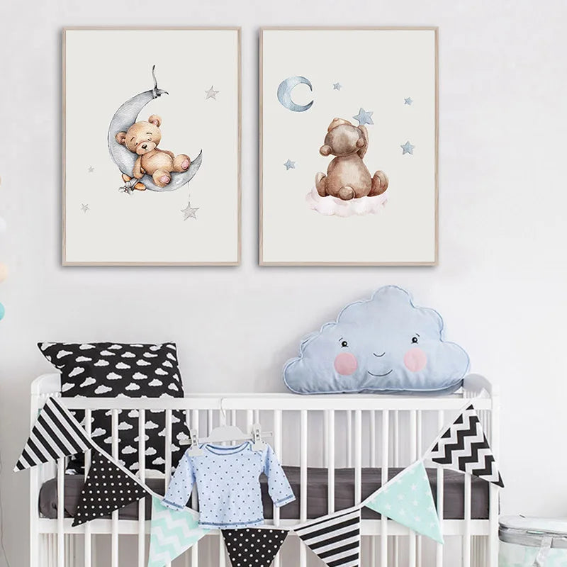 Child Poster Baby Nursery Wall Art Print Bear Bunny Cartoon Animal Canvas Painting Pictures Nordic Kids Bedroom Decoration