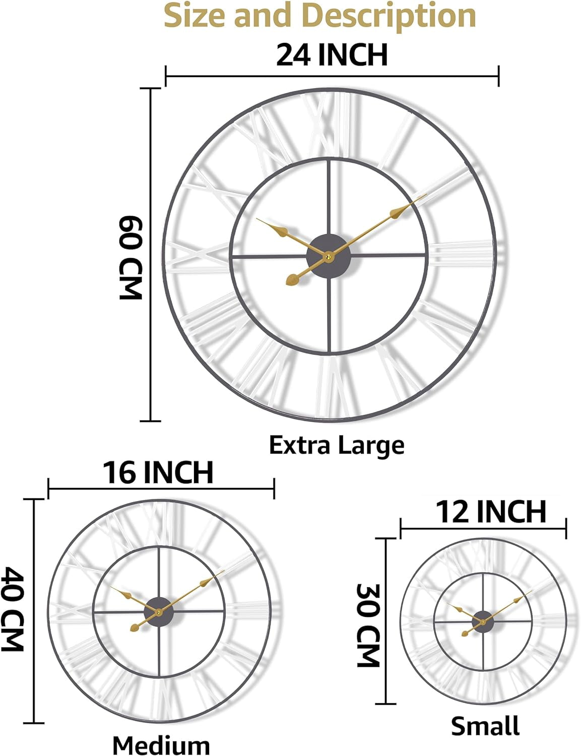 Large Wall Clock for Living Room - 24-Inch Wall Clock - Oversized Centurian Roman Numeral Style Modern Wall Clocks - Large Clock Home Decor - Metal Decorative Analog Metal Clock (White)