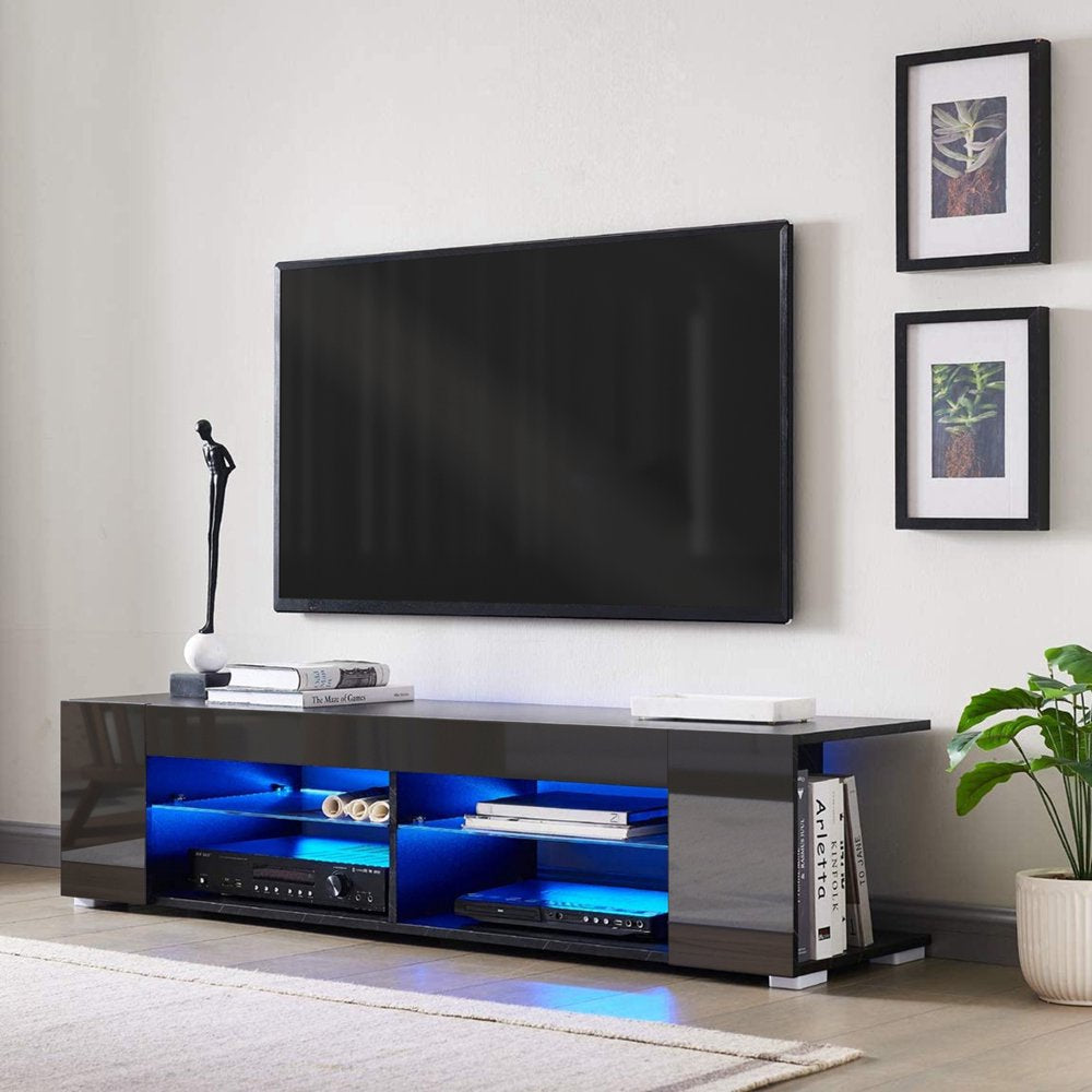 TV Stand for Tvs up to 65" with Open Glass Shelves Remote LED Light Black Television Stands Media Console Cabinet Entertainment Center