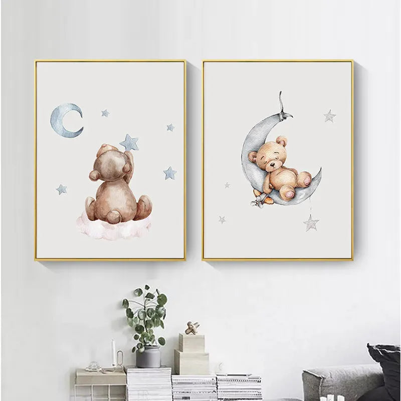 Child Poster Baby Nursery Wall Art Print Bear Bunny Cartoon Animal Canvas Painting Pictures Nordic Kids Bedroom Decoration